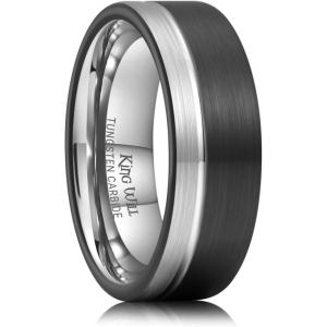 King Will Mens Tungsten Carbide Wedding Band with Groove Design, 6/7/8mm Width, Brushed/Polished Finish Men’s Rings Comfort Fit(Black&Silver Groove-8mm)