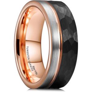 King Will Mens Tungsten Carbide Wedding Band with Groove Design, 6/7/8mm Width, Brushed/Polished Finish Men’s Rings Comfort Fit(Hammered Rose Gold-8mm)
