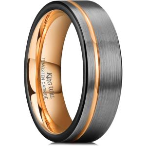 King Will Mens Tungsten Carbide Wedding Band with Groove Design, 6/7/8mm Width, Brushed/Polished Finish Men’s Rings Comfort Fit(Rose Gold-7mm)