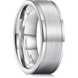 King Will Mens Tungsten Carbide Wedding Band with Groove Design, 6/7/8mm Width, Brushed/Polished Finish Men’s Rings Comfort Fit(Silver Brushed-8mm)
