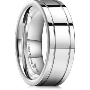 King Will Mens Tungsten Carbide Wedding Band with Groove Design, 6/7/8mm Width, Brushed/Polished Finish Men’s Rings Comfort Fit(Silver Polished-8mm)