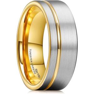 King Will Mens Tungsten Carbide Wedding Band with Groove Design, 6/7/8mm Width, Brushed/Polished Finish Men’s Rings Comfort Fit(Silver&Gold&Gold Edge-8mm)