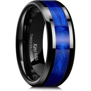King Will Mens Tungsten Wedding Band, 6mm/8mm Galaxy Style Sandstone Opal Inlay Polished Beveled Edge Unique Rings for Men Women, Comfort Fit, Durable(Black&Blue-8mm)