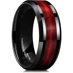 King Will Mens Tungsten Wedding Band, 6mm/8mm Galaxy Style Sandstone Opal Inlay Polished Beveled Edge Unique Rings for Men Women, Comfort Fit, Durable(Black&Red)