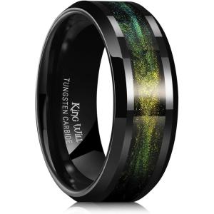 King Will Mens Tungsten Wedding Band, 6mm/8mm Galaxy Style Sandstone Opal Inlay Polished Beveled Edge Unique Rings for Men Women, Comfort Fit, Durable(Black&Yellow&Green)