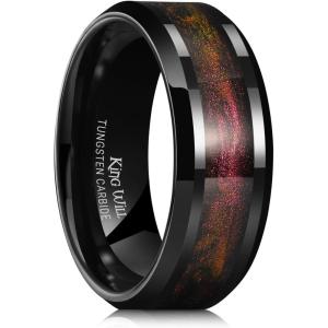 King Will Mens Tungsten Wedding Band, 6mm/8mm Galaxy Style Sandstone Opal Inlay Polished Beveled Edge Unique Rings for Men Women, Comfort Fit, Durable(Black&Red&Yellow)