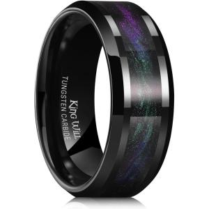 King Will Mens Tungsten Wedding Band, 6mm/8mm Galaxy Style Sandstone Opal Inlay Polished Beveled Edge Unique Rings for Men Women, Comfort Fit, Durable(Black&Purple&Green)
