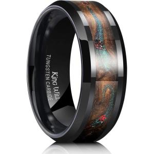King Will Mens Tungsten Wedding Band, 6mm/8mm Galaxy Style Sandstone Opal Inlay Polished Beveled Edge Unique Rings for Men Women, Comfort Fit, Durable(Bluegreen&Brown)