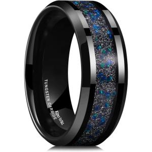 King Will Mens Tungsten Wedding Band, 6mm/8mm Galaxy Style Sandstone Opal Inlay Polished Beveled Edge Unique Rings for Men Women, Comfort Fit, Durable(Blue Opal)