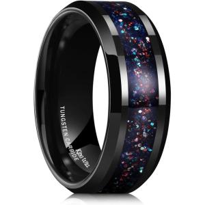 King Will Mens Tungsten Wedding Band, 6mm/8mm Galaxy Style Sandstone Opal Inlay Polished Beveled Edge Unique Rings for Men Women, Comfort Fit, Durable(Colorful)