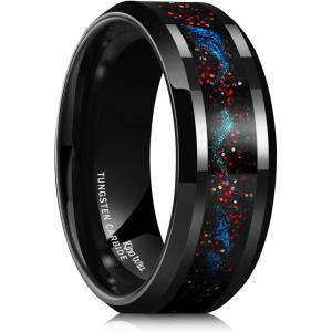 King Will Mens Tungsten Wedding Band, 6mm/8mm Galaxy Style Sandstone Opal Inlay Polished Beveled Edge Unique Rings for Men Women, Comfort Fit, Durable(Glitter&Blue&Green)