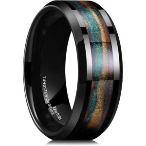 King Will Mens Tungsten Wedding Band, 6mm/8mm Galaxy Style Sandstone Opal Inlay Polished Beveled Edge Unique Rings for Men Women, Comfort Fit, Durable(Gold&Green)