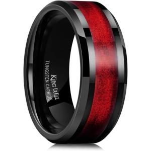 King Will Mens Tungsten Wedding Band, 6mm/8mm Galaxy Style Sandstone Opal Inlay Polished Beveled Edge Unique Rings for Men Women, Comfort Fit, Durable(Pure Red)