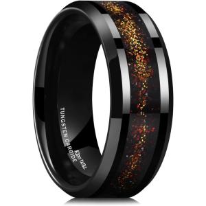 King Will Mens Tungsten Wedding Band, 6mm/8mm Galaxy Style Sandstone Opal Inlay Polished Beveled Edge Unique Rings for Men Women, Comfort Fit, Durable(Red&Gold)