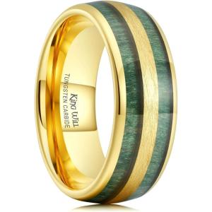King Will Tungsten Carbide Wedding Band for Men Women-8mm Width Black/Gold/Sliver with Nature Koa/Maple Wood Inlay Domed Design Wodden Wedding Ring Comfort Fit Size 6-14(8mm-Green Teak Wood)