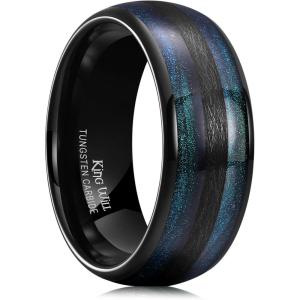 King Will Tungsten Carbide Wedding Band for Men Women-8mm Width Black/Gold/Sliver with Nature Koa/Maple Wood Inlay Domed Design Wodden Wedding Ring Comfort Fit Size 6-14(blue-green)