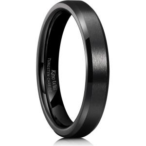 King Will Tungsten Men’s Wedding Ring – Available in 6mm to 10mm, Black/Silver, Matte Finish, Beveled Polished Edge, Comfort Fit(Black-4mm)