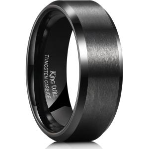 King Will Tungsten Men’s Wedding Ring – Available in 6mm to 10mm, Black/Silver, Matte Finish, Beveled Polished Edge, Comfort Fit(Black-8mm)