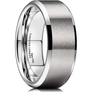 King Will Tungsten Men’s Wedding Ring – Available in 6mm to 10mm, Black/Silver, Matte Finish, Beveled Polished Edge, Comfort Fit(Silver-8mm)
