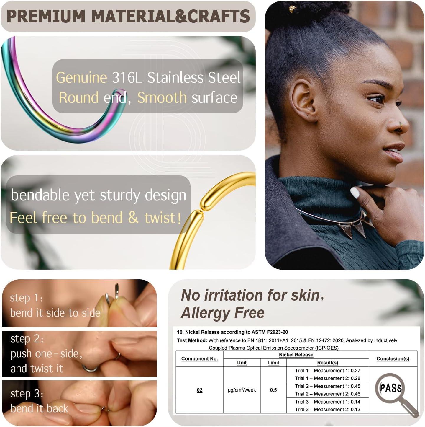 imageBodyBonita 10Pcs Nose Rings Hoops 316L 22G 20G 18G Septum Rings Bendable Cartilage Earrings for Women Conch Piercing Jewelry Helix Rook Tragus Daith Snug Belly Button Ring 8 mm 10 mmMixed Color