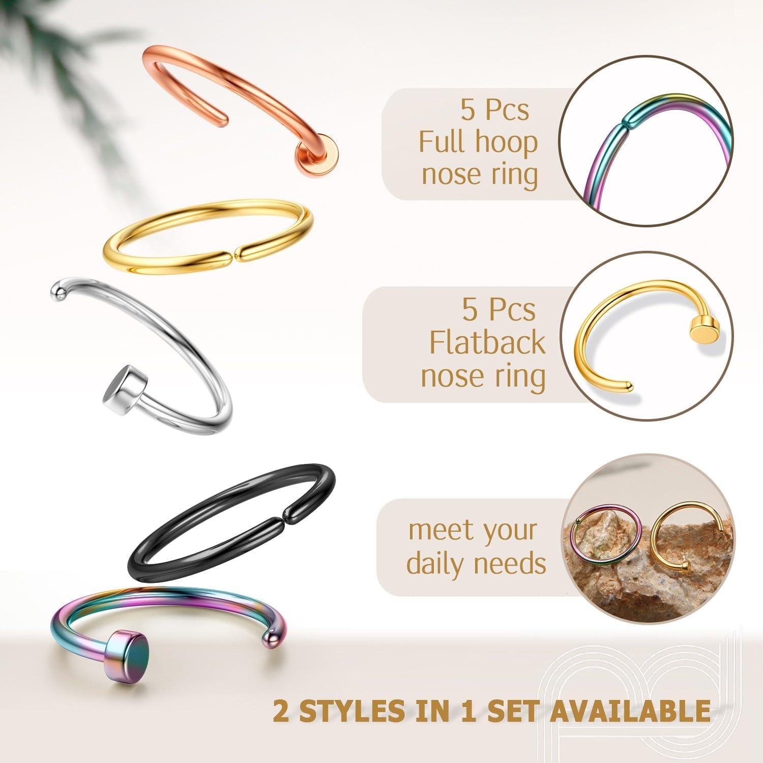 imageBodyBonita 10Pcs Nose Rings Hoops 316L 22G 20G 18G Septum Rings Bendable Cartilage Earrings for Women Conch Piercing Jewelry Helix Rook Tragus Daith Snug Belly Button Ring 8 mm 10 mmMixed Color