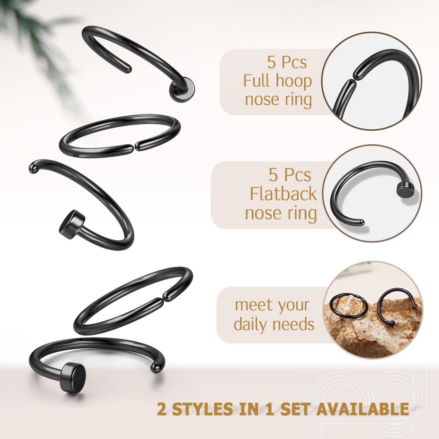 imageBodyBonita 10Pcs Nose Rings Hoops 316L 22G 20G 18G Septum Rings Bendable Cartilage Earrings for Women Conch Piercing Jewelry Helix Rook Tragus Daith Snug Belly Button Ring 8 mm 10 mmBlack