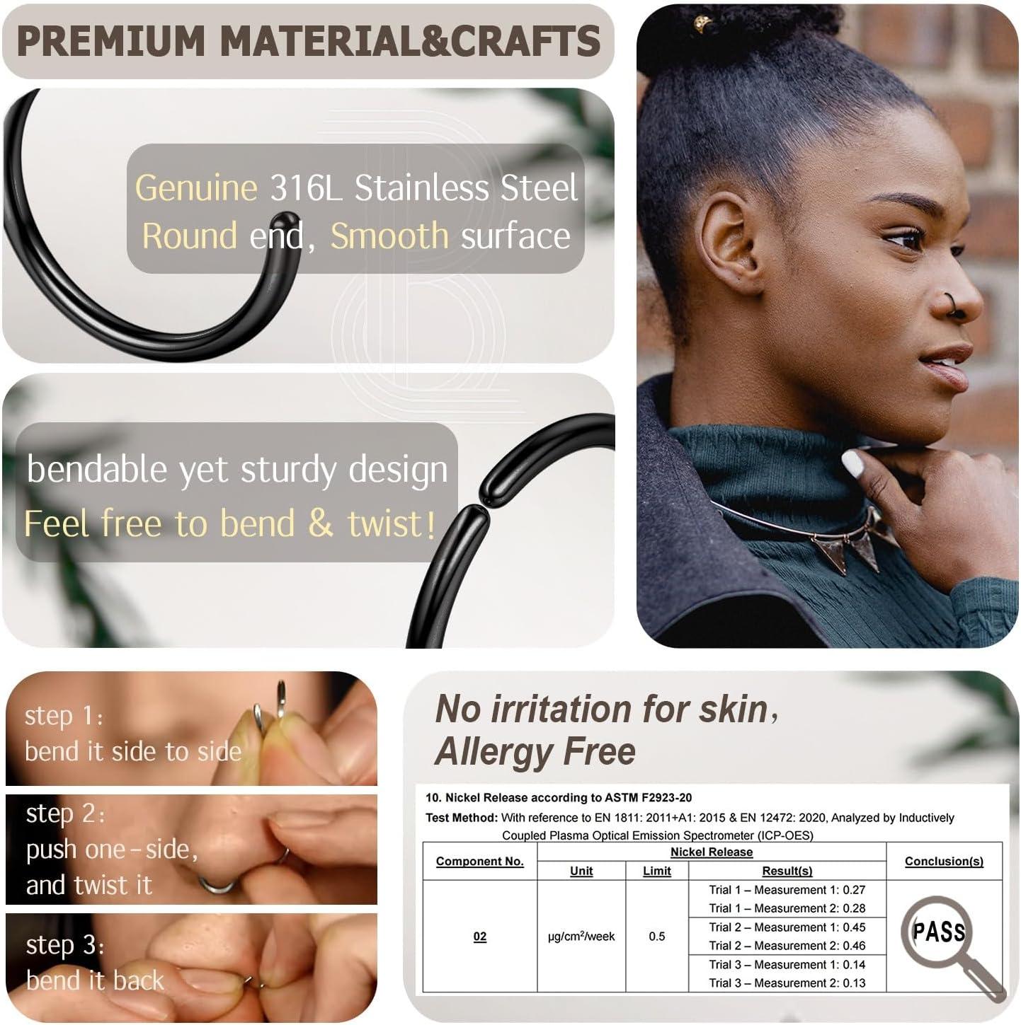 imageBodyBonita 10Pcs Nose Rings Hoops 316L 22G 20G 18G Septum Rings Bendable Cartilage Earrings for Women Conch Piercing Jewelry Helix Rook Tragus Daith Snug Belly Button Ring 8 mm 10 mmBlack