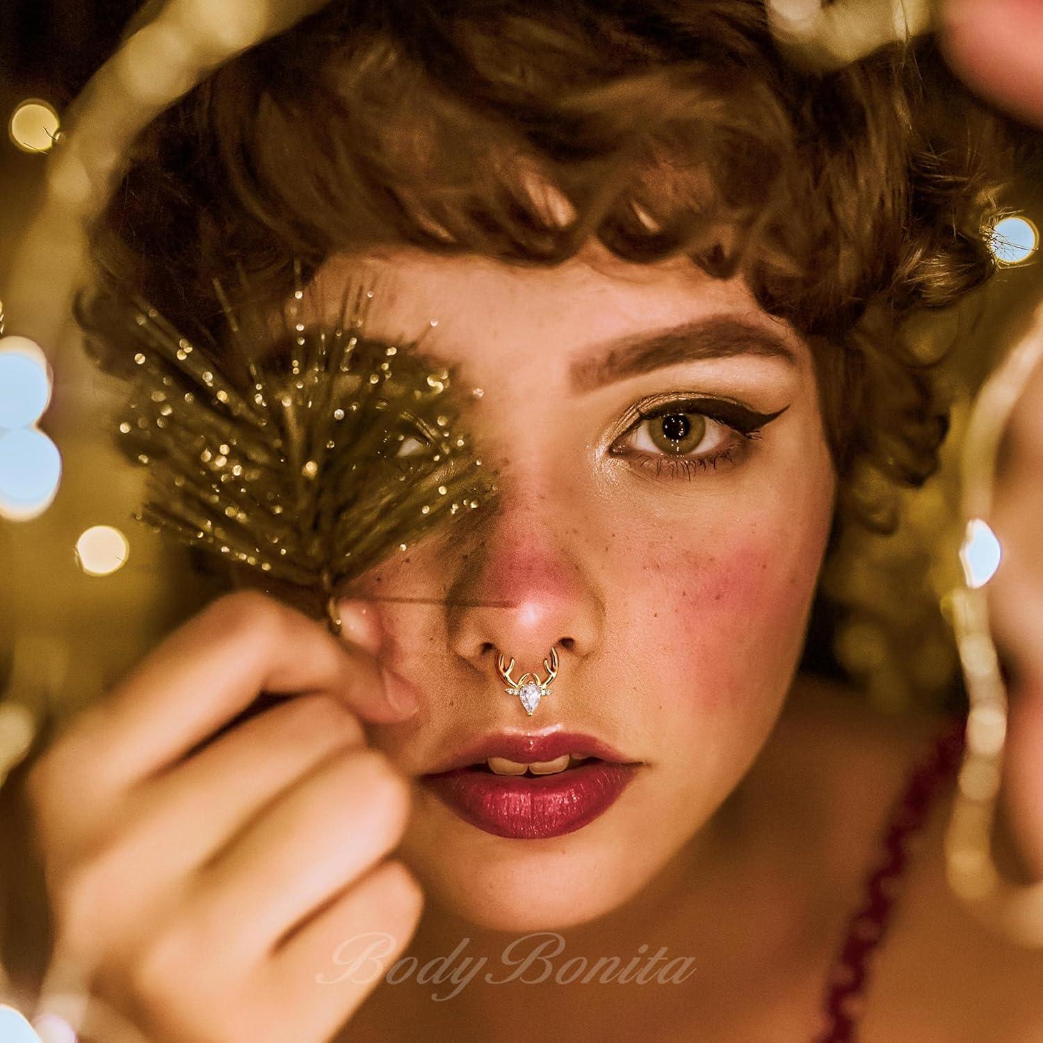 imageBodyBonita 16G Christmas Septum Rings Jewelry 316 Surgical Steel Deer CZ Nose Rings Hoops Clicker for Women Daith Piercing Jewelry Conch Tragus Helix Cartilage Earring 14K Gold PlatedSilver 10 mmClear CZ Gold 16G12mm10mm
