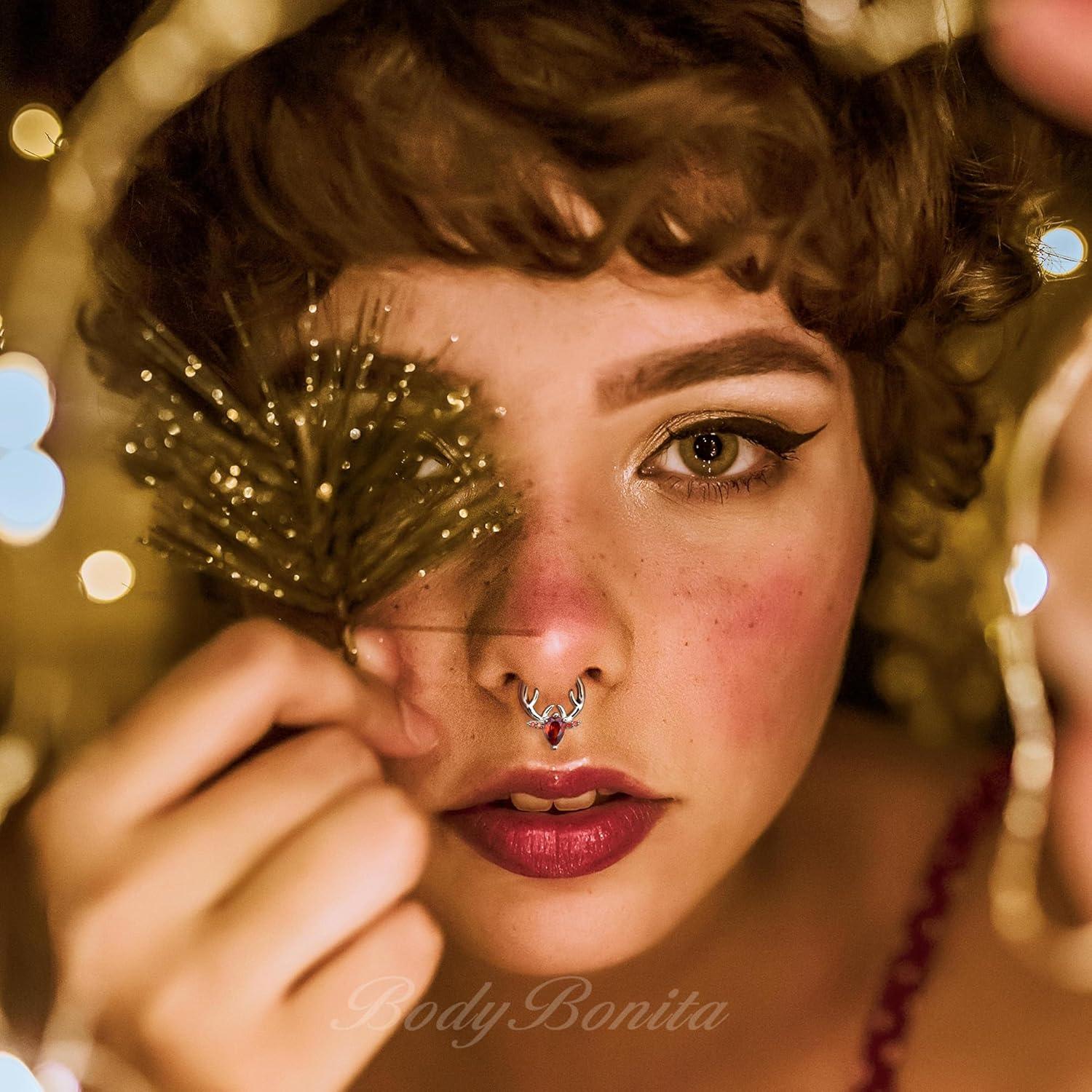 imageBodyBonita 16G Christmas Septum Rings Jewelry 316 Surgical Steel Deer CZ Nose Rings Hoops Clicker for Women Daith Piercing Jewelry Conch Tragus Helix Cartilage Earring 14K Gold PlatedSilver 10 mmRed CZ Silver 16G12mm10mm