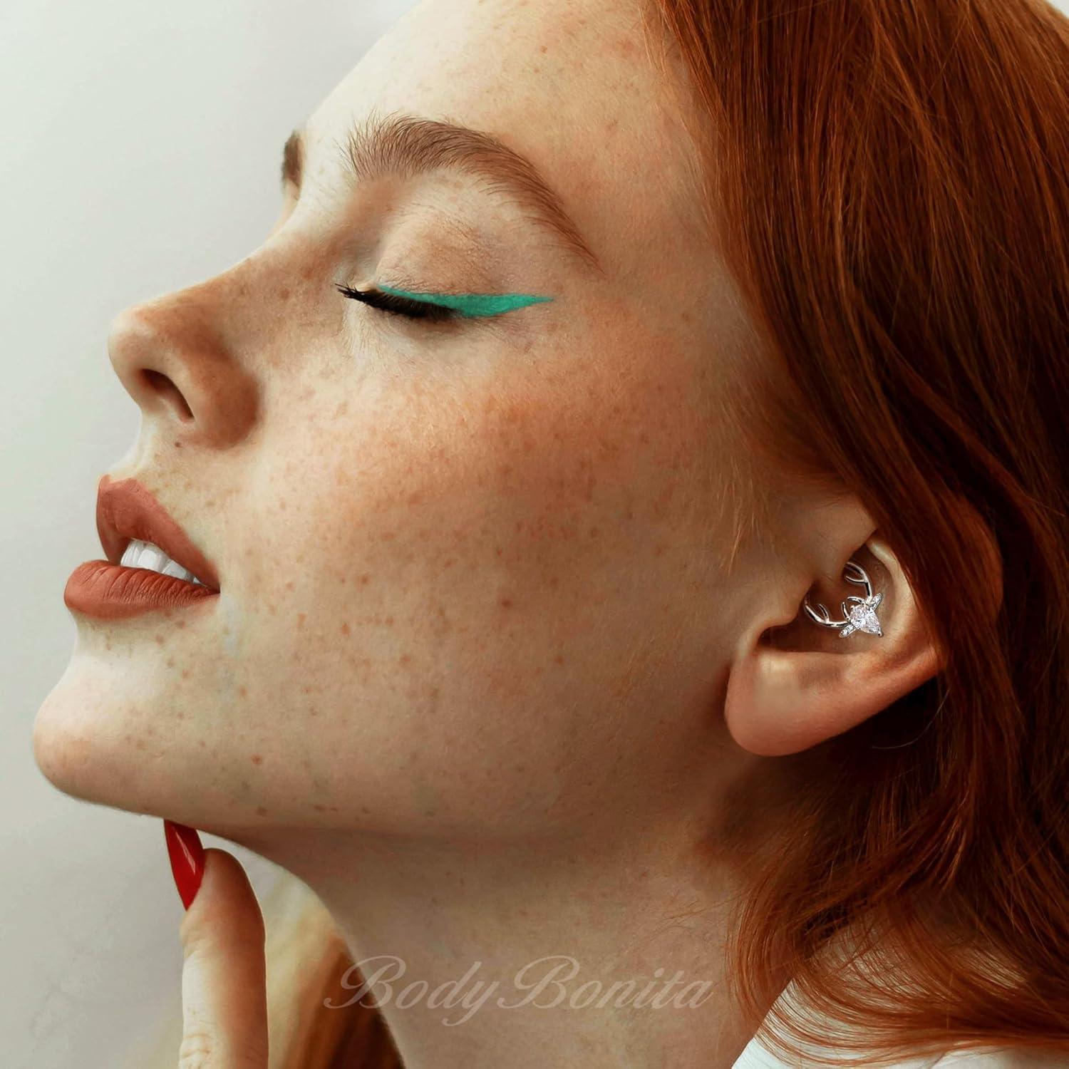 imageBodyBonita 16G Christmas Septum Rings Jewelry 316 Surgical Steel Deer CZ Nose Rings Hoops Clicker for Women Daith Piercing Jewelry Conch Tragus Helix Cartilage Earring 14K Gold PlatedSilver 10 mmClear CZ Silver 16G12mm10mm