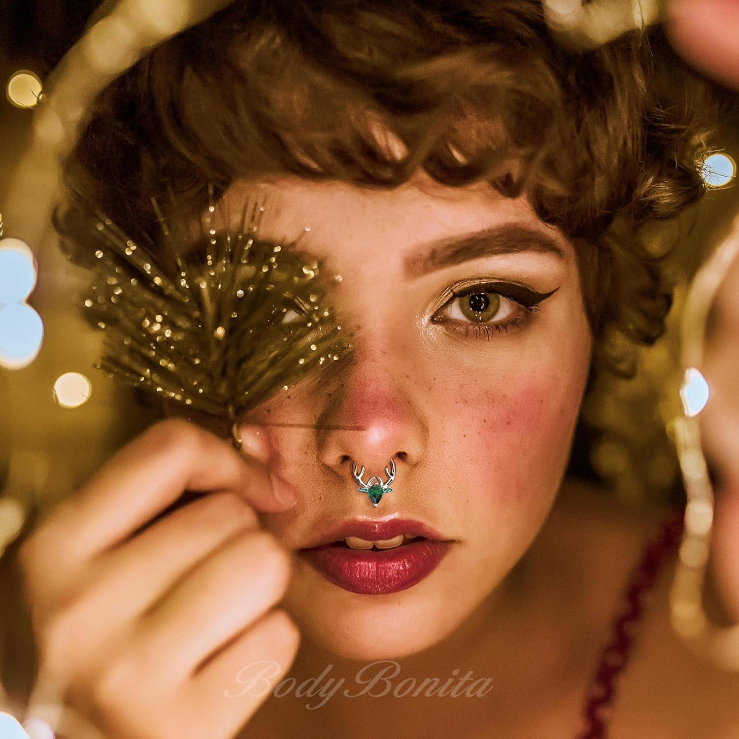 imageBodyBonita 16G Christmas Septum Rings Jewelry 316 Surgical Steel Deer CZ Nose Rings Hoops Clicker for Women Daith Piercing Jewelry Conch Tragus Helix Cartilage Earring 14K Gold PlatedSilver 10 mmGreen CZ Silver 16G12mm10mm