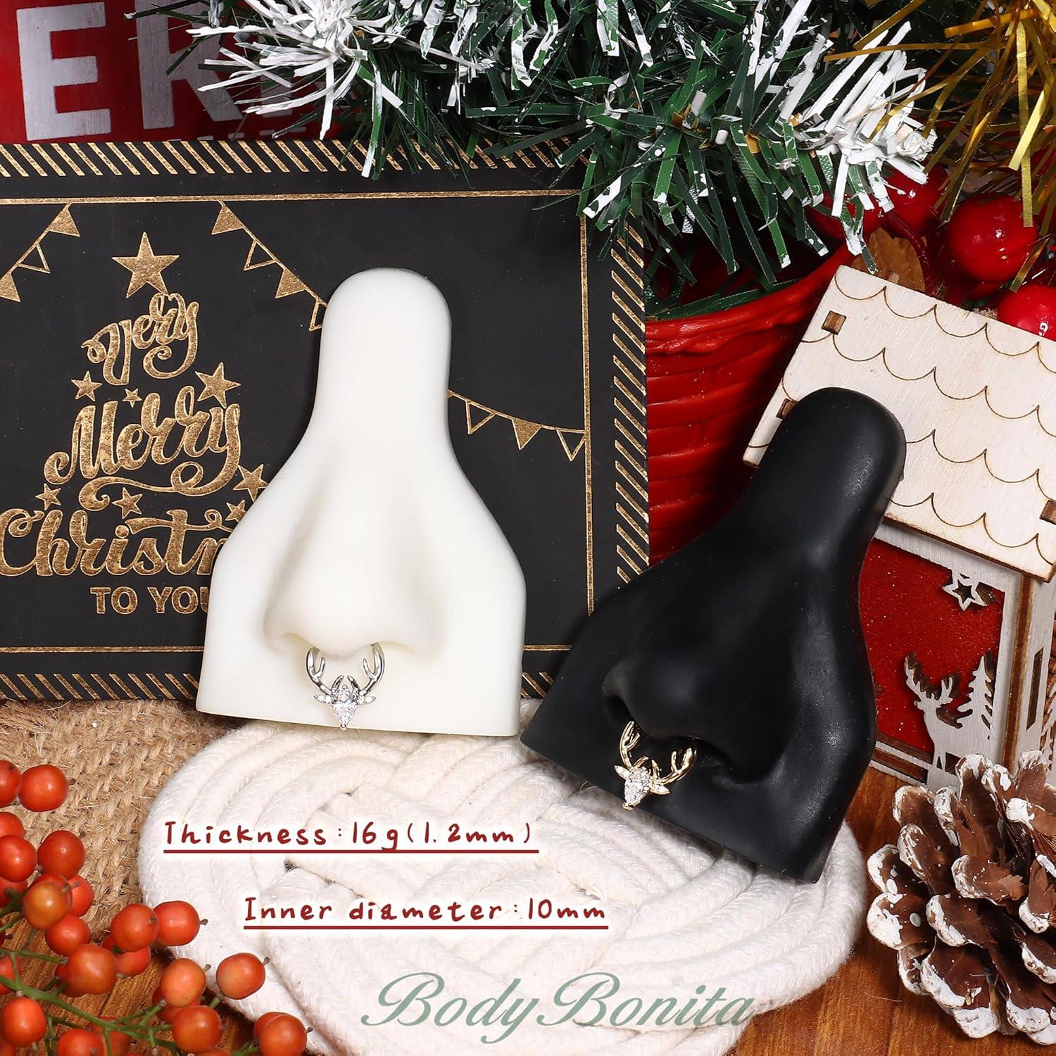 imageBodyBonita 16G Christmas Septum Rings Jewelry 316 Surgical Steel Deer CZ Nose Rings Hoops Clicker for Women Daith Piercing Jewelry Conch Tragus Helix Cartilage Earring 14K Gold PlatedSilver 10 mmClear CZ Gold 16G12mm10mm