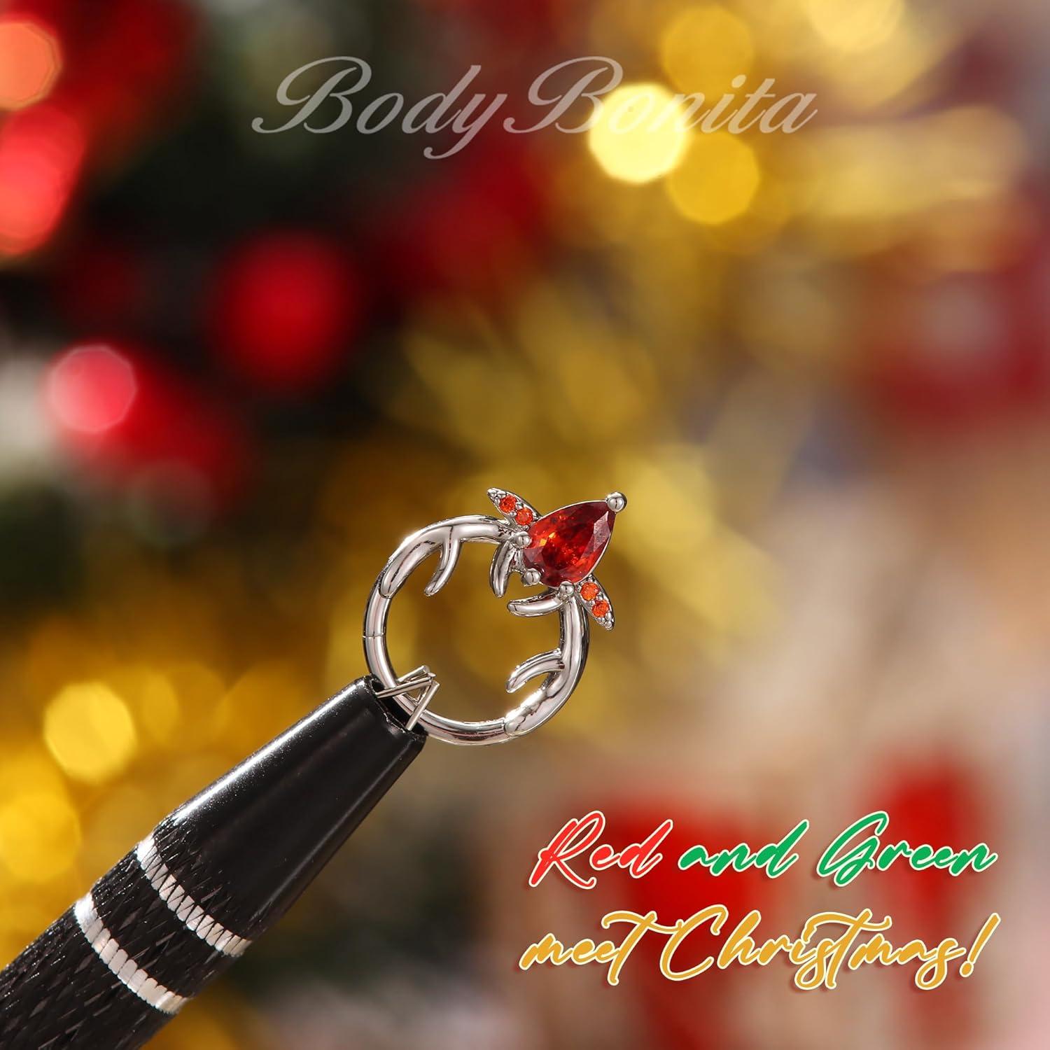 imageBodyBonita 16G Christmas Septum Rings Jewelry 316 Surgical Steel Deer CZ Nose Rings Hoops Clicker for Women Daith Piercing Jewelry Conch Tragus Helix Cartilage Earring 14K Gold PlatedSilver 10 mmRed CZ Silver 16G12mm10mm