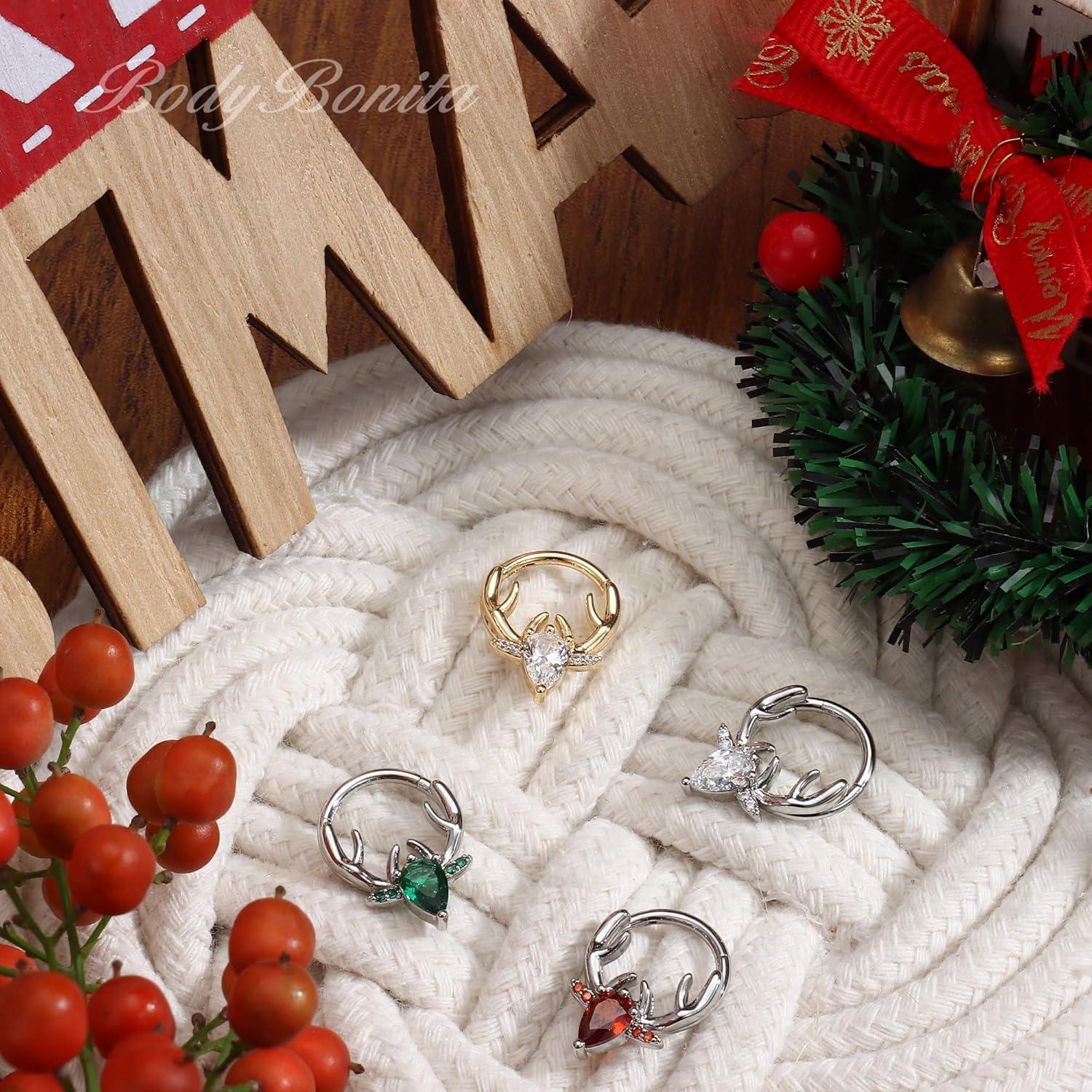 imageBodyBonita 16G Christmas Septum Rings Jewelry 316 Surgical Steel Deer CZ Nose Rings Hoops Clicker for Women Daith Piercing Jewelry Conch Tragus Helix Cartilage Earring 14K Gold PlatedSilver 10 mmClear CZ Gold 16G12mm10mm