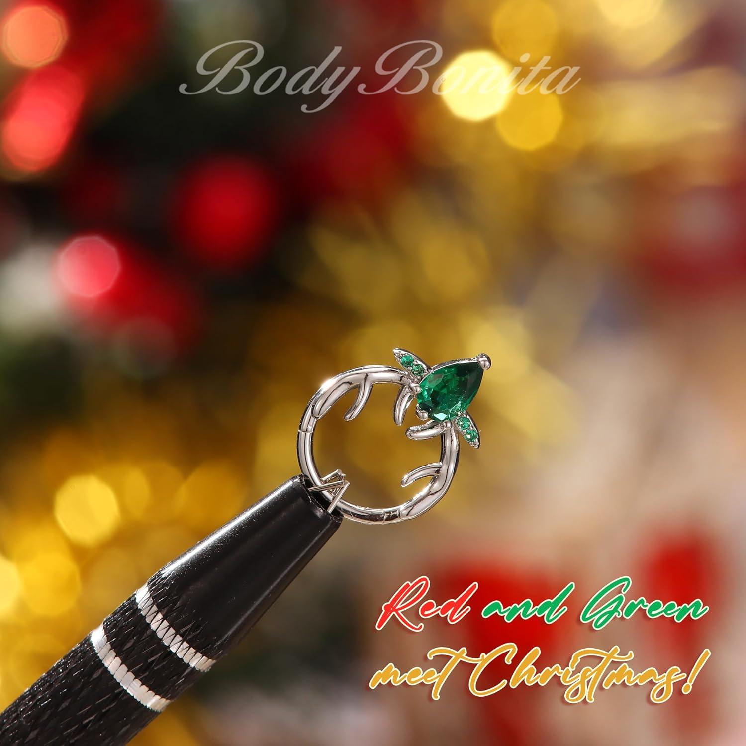imageBodyBonita 16G Christmas Septum Rings Jewelry 316 Surgical Steel Deer CZ Nose Rings Hoops Clicker for Women Daith Piercing Jewelry Conch Tragus Helix Cartilage Earring 14K Gold PlatedSilver 10 mmGreen CZ Silver 16G12mm10mm