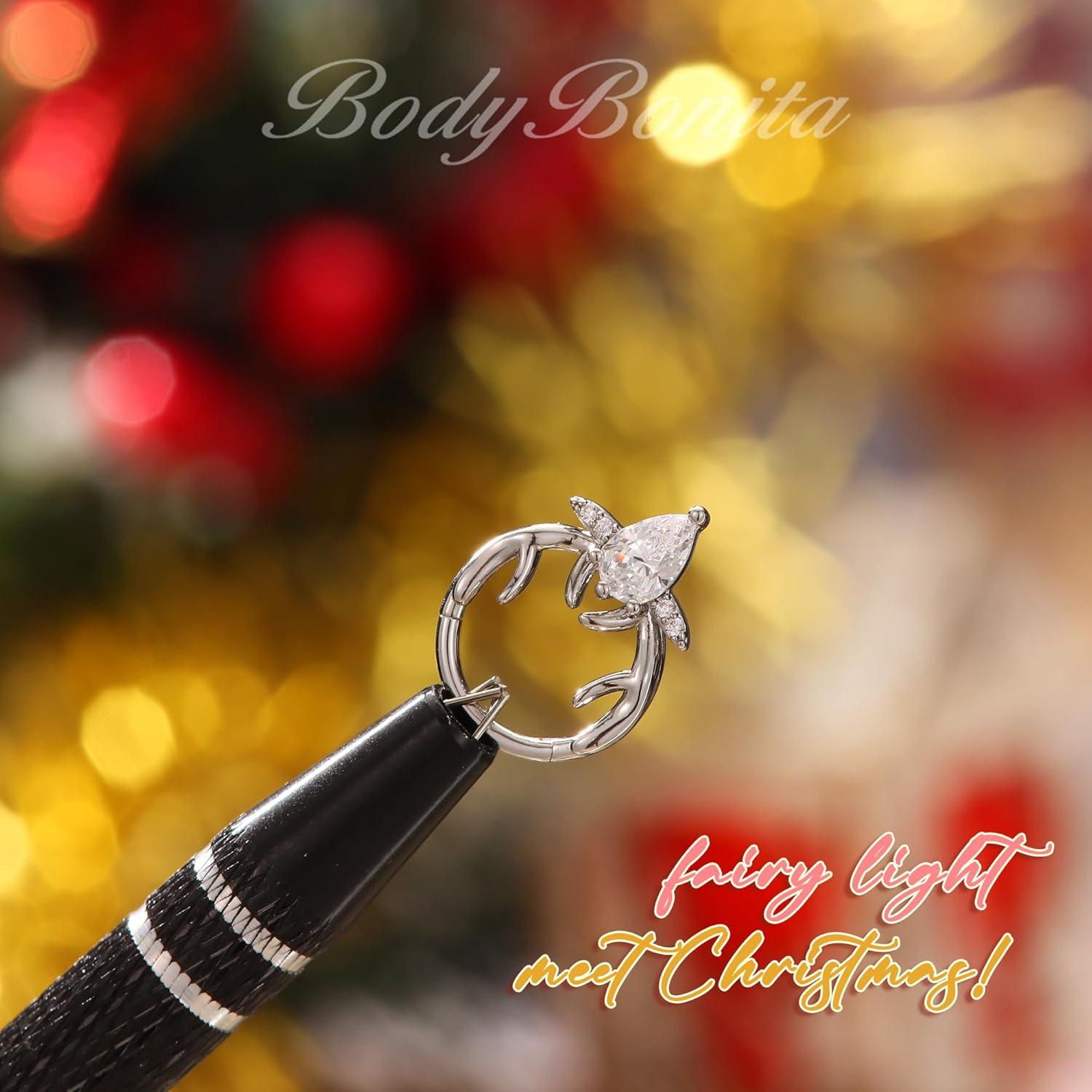 imageBodyBonita 16G Christmas Septum Rings Jewelry 316 Surgical Steel Deer CZ Nose Rings Hoops Clicker for Women Daith Piercing Jewelry Conch Tragus Helix Cartilage Earring 14K Gold PlatedSilver 10 mmClear CZ Silver 16G12mm10mm