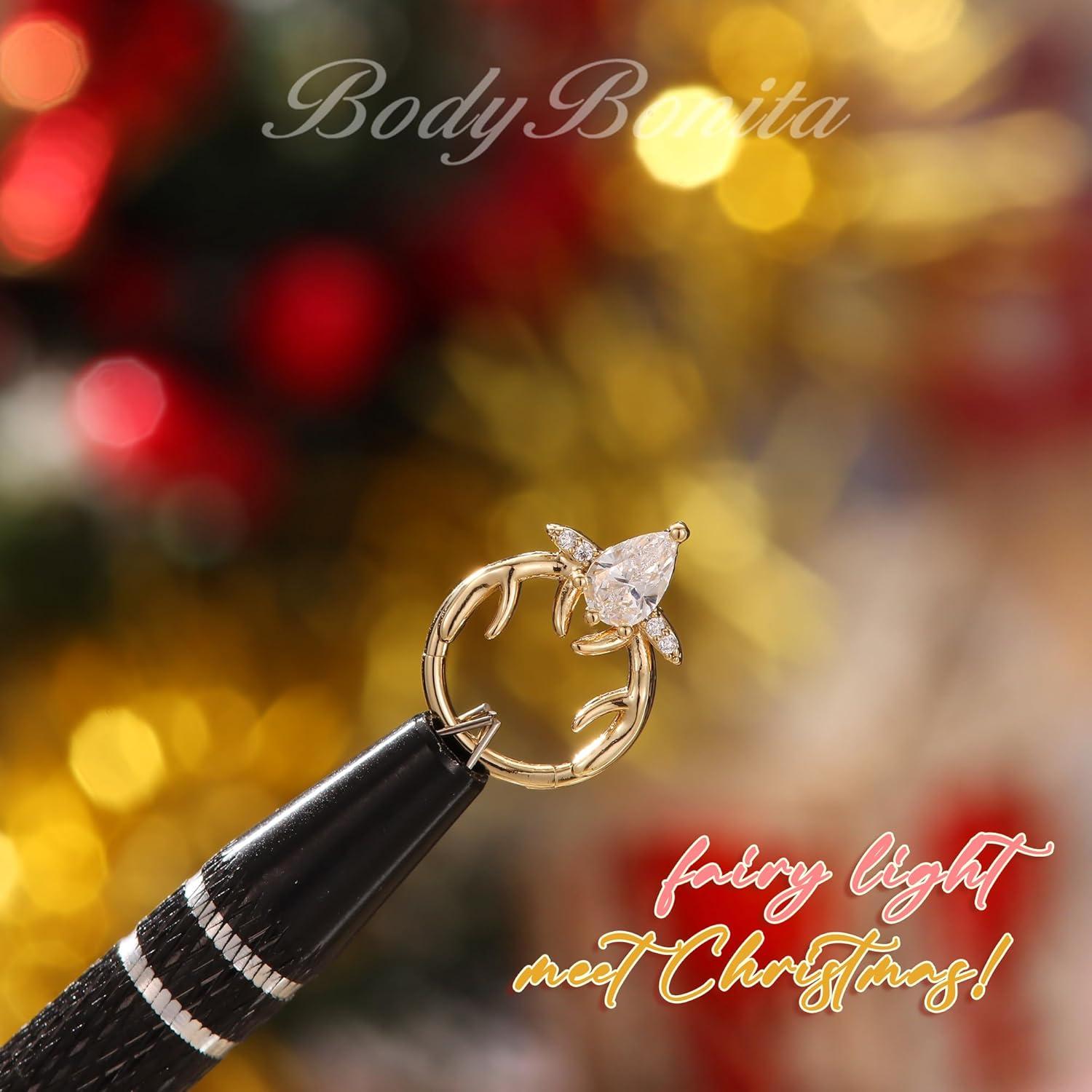 imageBodyBonita 16G Christmas Septum Rings Jewelry 316 Surgical Steel Deer CZ Nose Rings Hoops Clicker for Women Daith Piercing Jewelry Conch Tragus Helix Cartilage Earring 14K Gold PlatedSilver 10 mmClear CZ Gold 16G12mm10mm