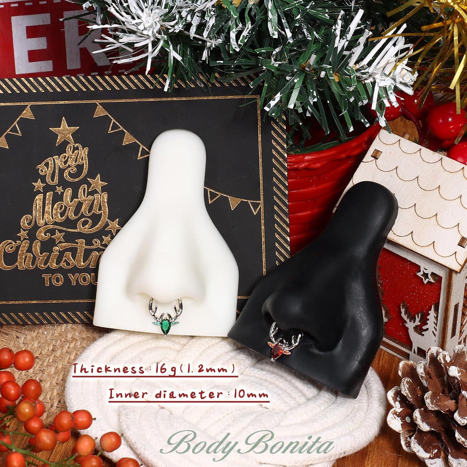 imageBodyBonita 16G Christmas Septum Rings Jewelry 316 Surgical Steel Deer CZ Nose Rings Hoops Clicker for Women Daith Piercing Jewelry Conch Tragus Helix Cartilage Earring 14K Gold PlatedSilver 10 mmGreen CZ Silver 16G12mm10mm