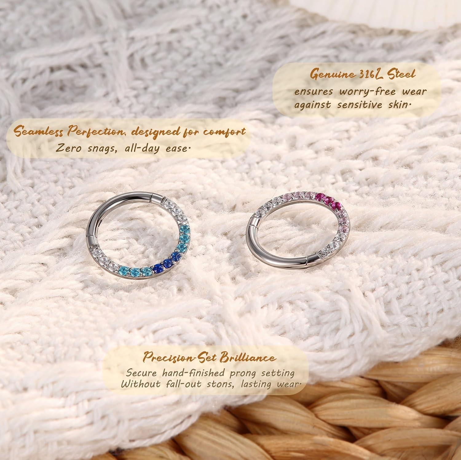 imageBodyBonita 16G Gradient CZ Septum Rings Jewelry 316L Surgical Steel Nose Rings Hoops for Women 16G Nose Piercings Cartilage Earrings Helix Rook Tragus Daith Conch Piercing Jewelry 8mmBlue CZ