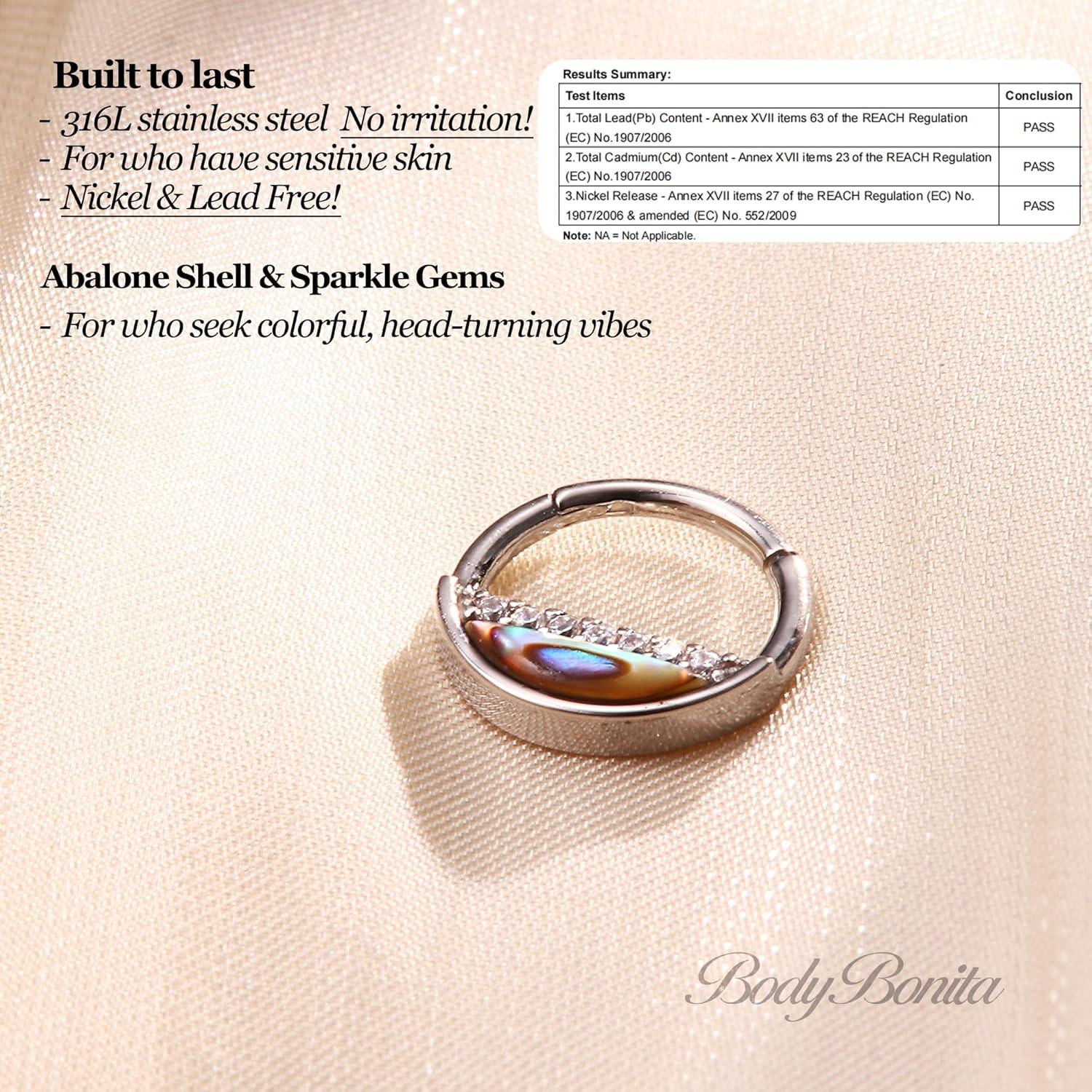 imageBodyBonita 16G Green Shell Septum Rings Jewelry 316L Surgical Steel Nose Rings Hoops Clicker CZ Septum Jewelry Nose Piercings Helix Tragus Rook Daith Earrings for Women Men Silver 8mmSilver