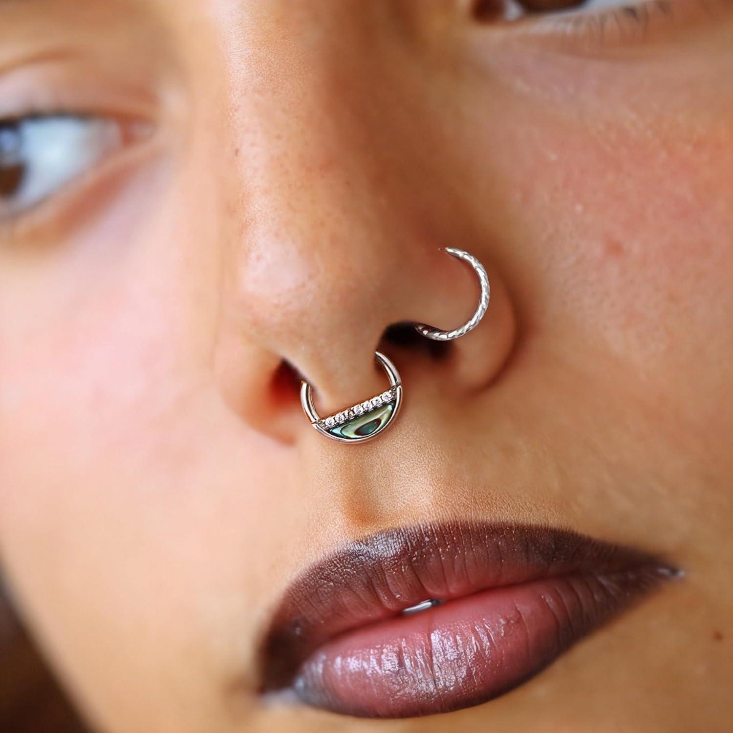 imageBodyBonita 16G Green Shell Septum Rings Jewelry 316L Surgical Steel Nose Rings Hoops Clicker CZ Septum Jewelry Nose Piercings Helix Tragus Rook Daith Earrings for Women Men Silver 8mmSilver