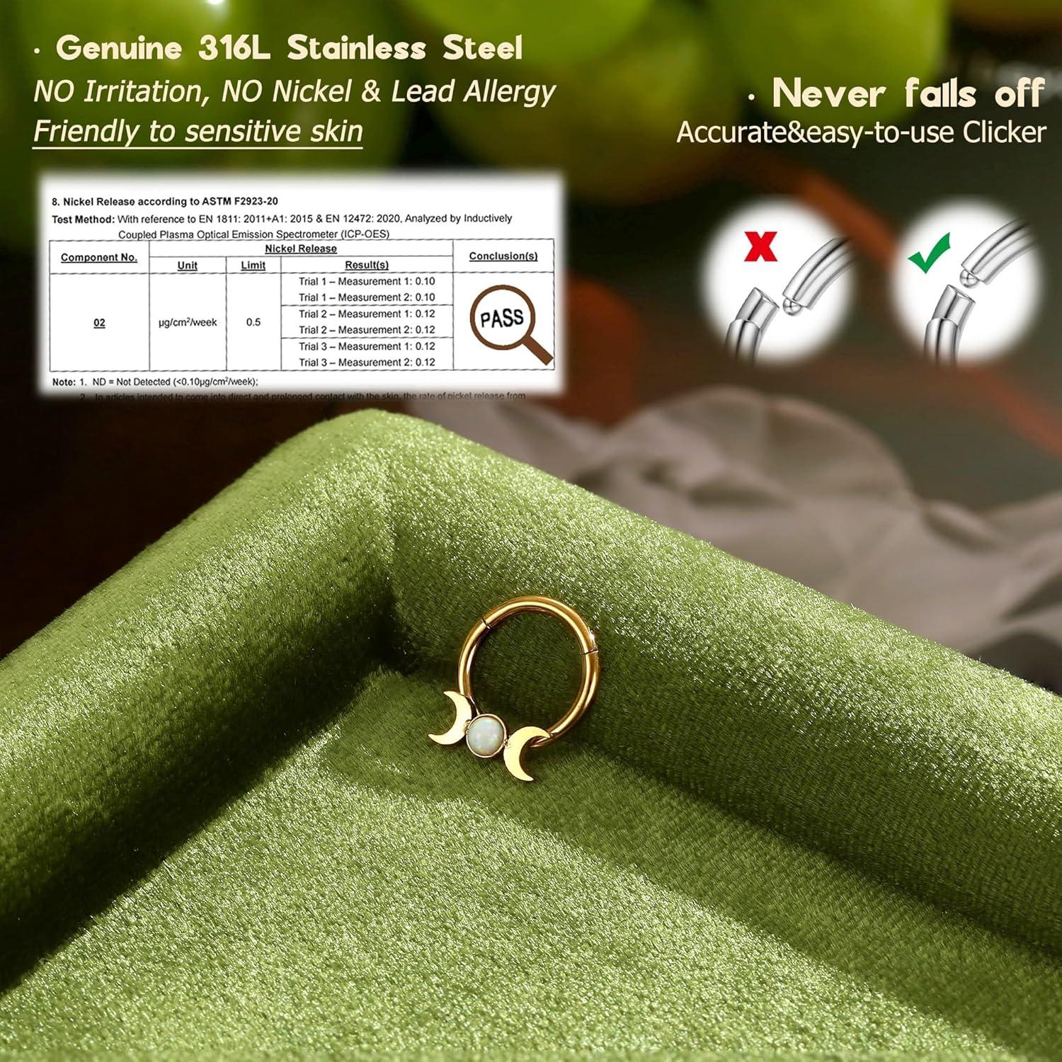 imageBodyBonita 16G Opal Septum Rings CZ 316L Surgical Steel Septum Jewelry Nose Rings Hoops Clicker Helix Tragus Rook Daith Piercings for Women Men SilverGold 8 mmGoldMoon Opal