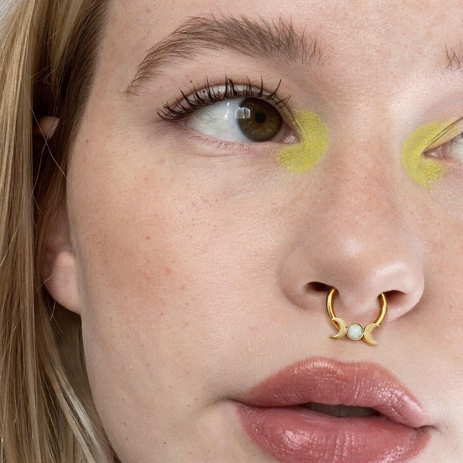 imageBodyBonita 16G Opal Septum Rings CZ 316L Surgical Steel Septum Jewelry Nose Rings Hoops Clicker Helix Tragus Rook Daith Piercings for Women Men SilverGold 8 mmGoldMoon Opal