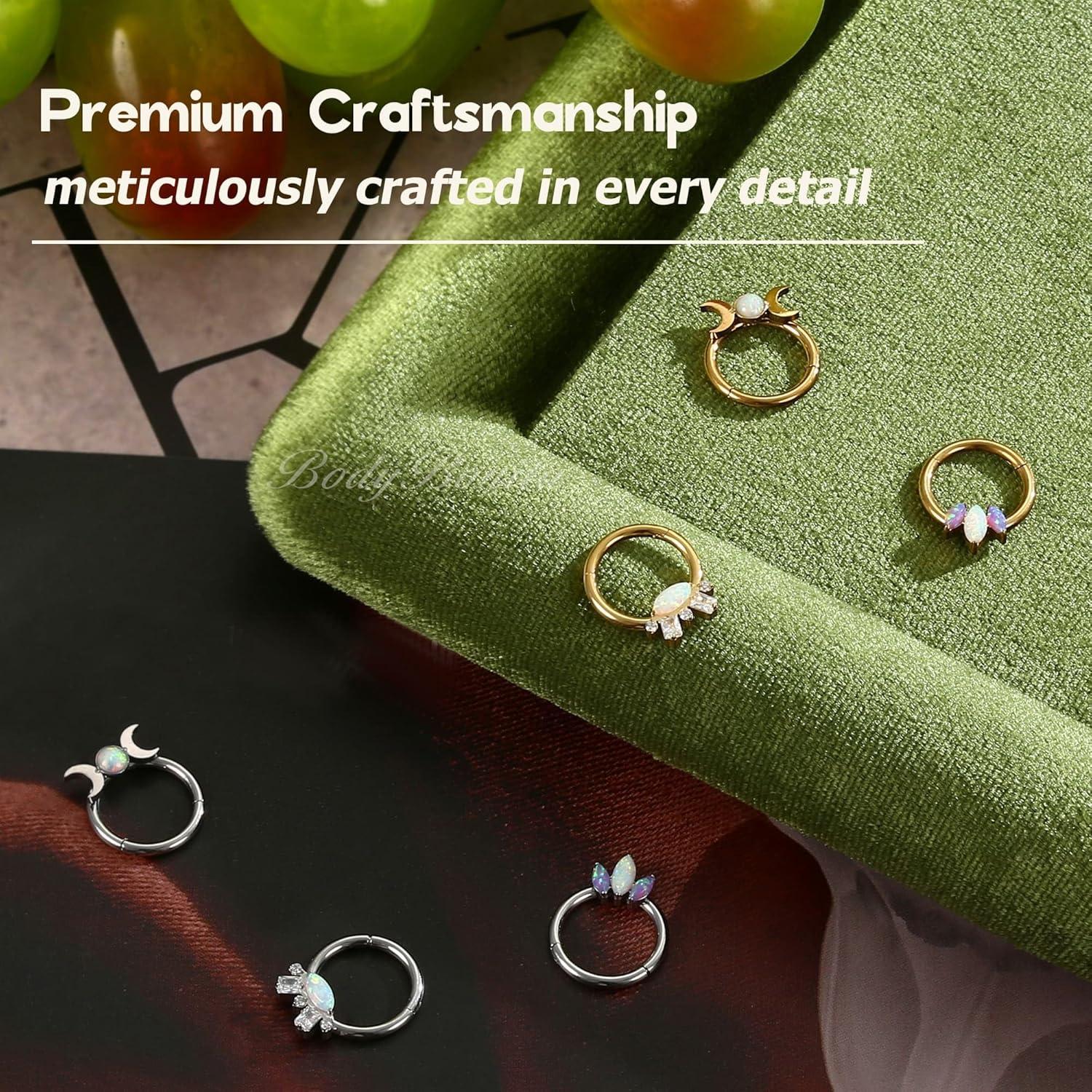 imageBodyBonita 16G Opal Septum Rings CZ 316L Surgical Steel Septum Jewelry Nose Rings Hoops Clicker Helix Tragus Rook Daith Piercings for Women Men SilverGold 8 mmGoldMoon Opal