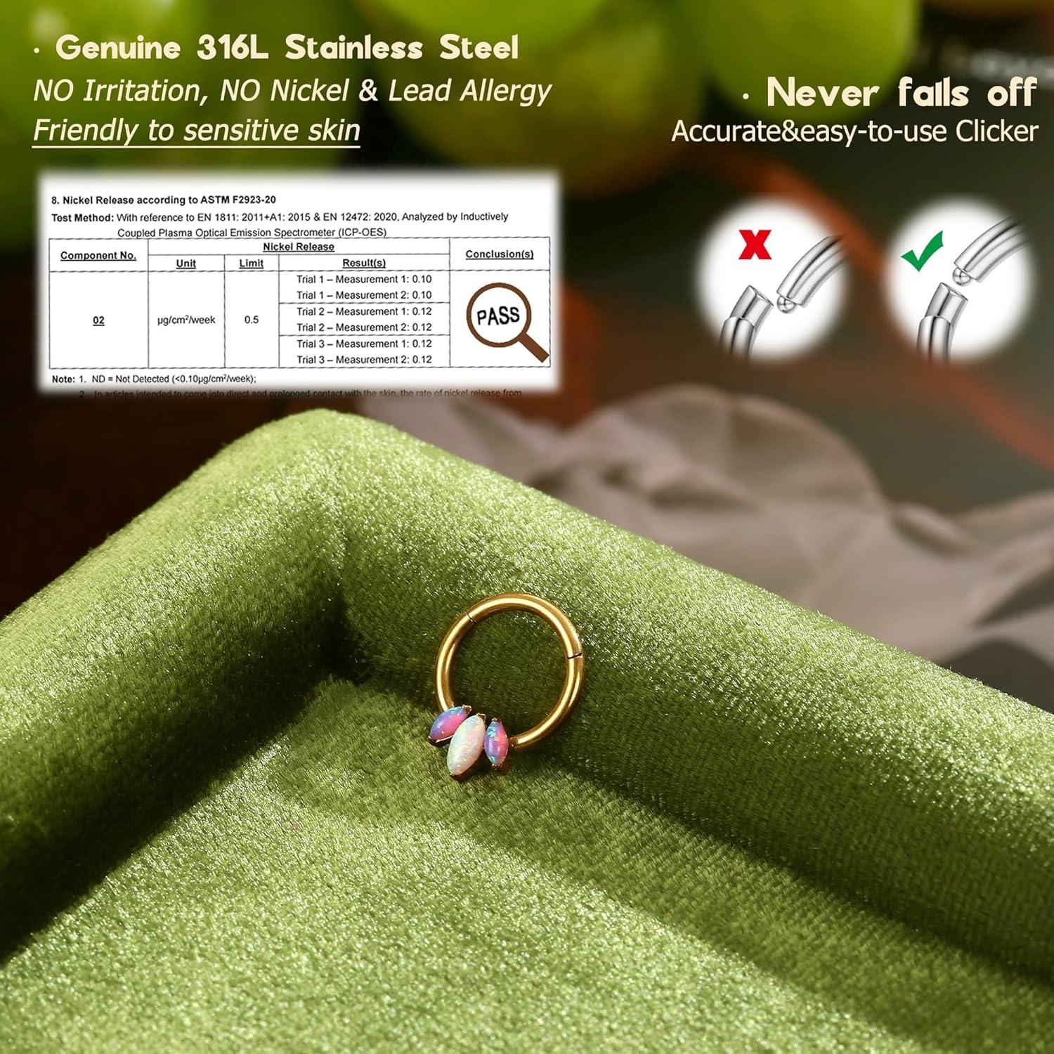 imageBodyBonita 16G Opal Septum Rings CZ 316L Surgical Steel Septum Jewelry Nose Rings Hoops Clicker Helix Tragus Rook Daith Piercings for Women Men SilverGold 8 mmGoldPurple Opal