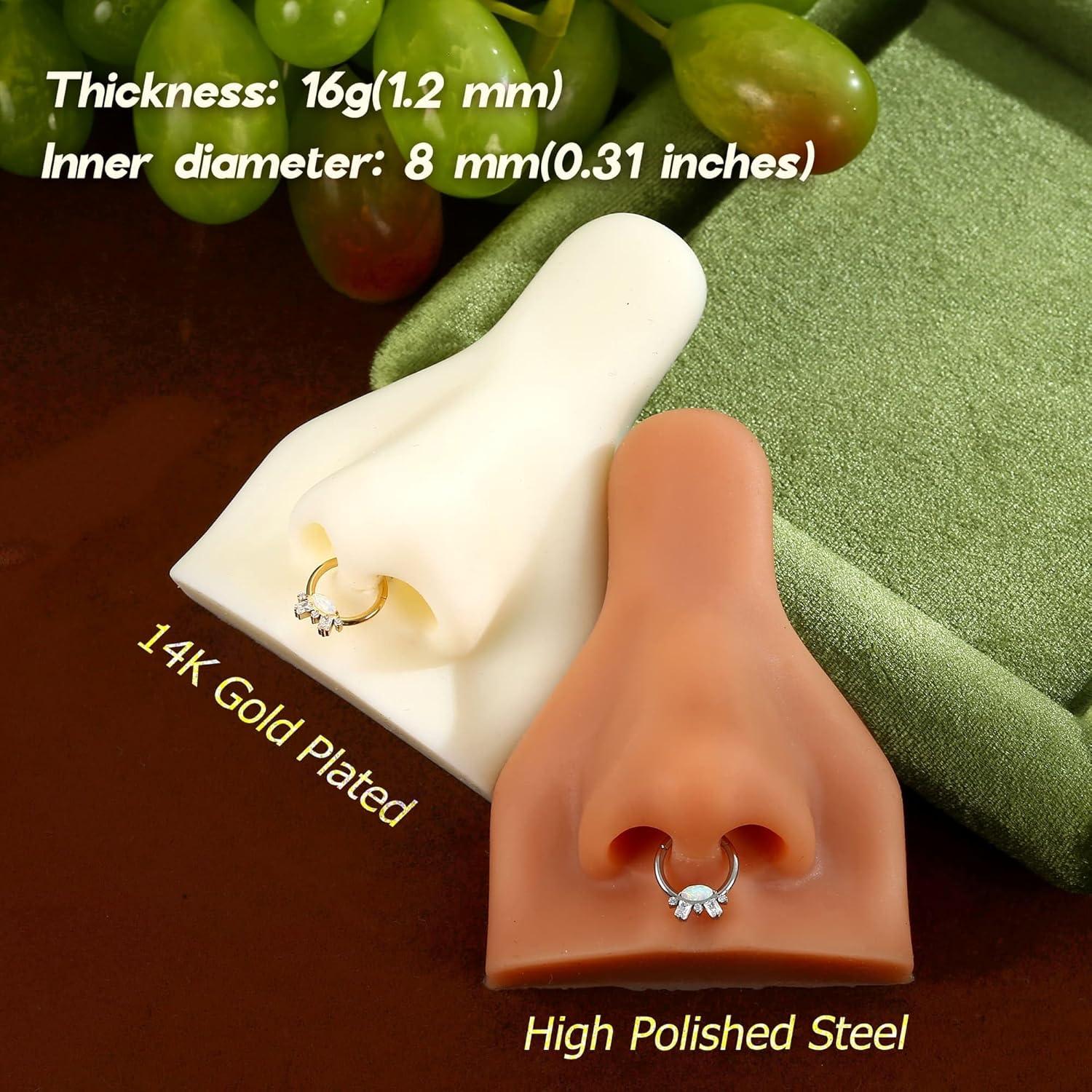 imageBodyBonita 16G Opal Septum Rings CZ 316L Surgical Steel Septum Jewelry Nose Rings Hoops Clicker Helix Tragus Rook Daith Piercings for Women Men SilverGold 8 mmSilverCZ Opal