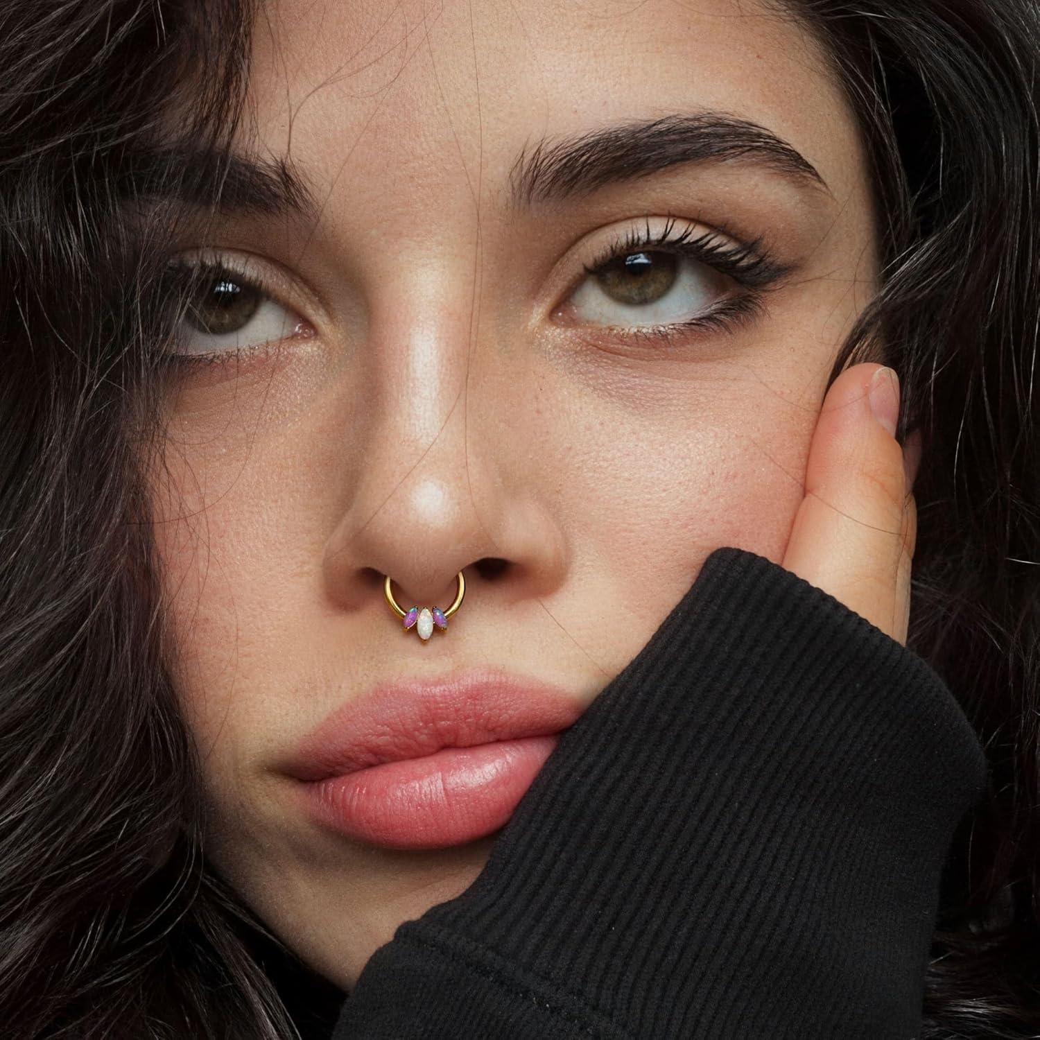 imageBodyBonita 16G Opal Septum Rings CZ 316L Surgical Steel Septum Jewelry Nose Rings Hoops Clicker Helix Tragus Rook Daith Piercings for Women Men SilverGold 8 mmGoldPurple Opal