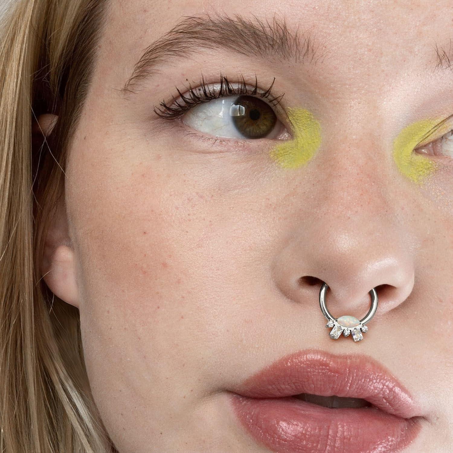 imageBodyBonita 16G Opal Septum Rings CZ 316L Surgical Steel Septum Jewelry Nose Rings Hoops Clicker Helix Tragus Rook Daith Piercings for Women Men SilverGold 8 mmSilverCZ Opal