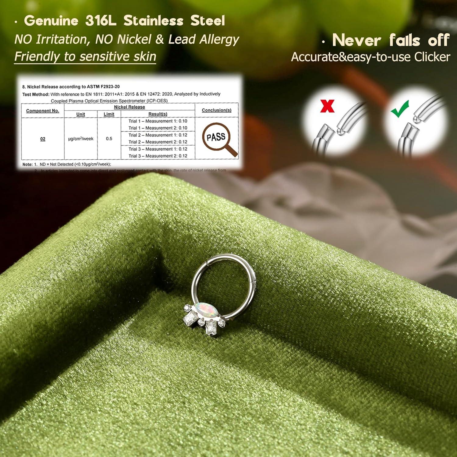 imageBodyBonita 16G Opal Septum Rings CZ 316L Surgical Steel Septum Jewelry Nose Rings Hoops Clicker Helix Tragus Rook Daith Piercings for Women Men SilverGold 8 mmSilverCZ Opal