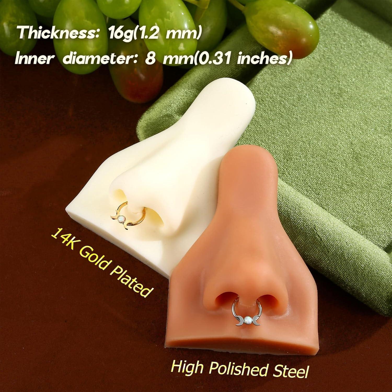 imageBodyBonita 16G Opal Septum Rings CZ 316L Surgical Steel Septum Jewelry Nose Rings Hoops Clicker Helix Tragus Rook Daith Piercings for Women Men SilverGold 8 mmGoldMoon Opal